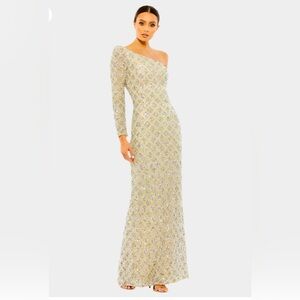 Mac Duggal Shimmering Gold Embellished One Shoulder Asymmetrical Gown Size 6 NWT